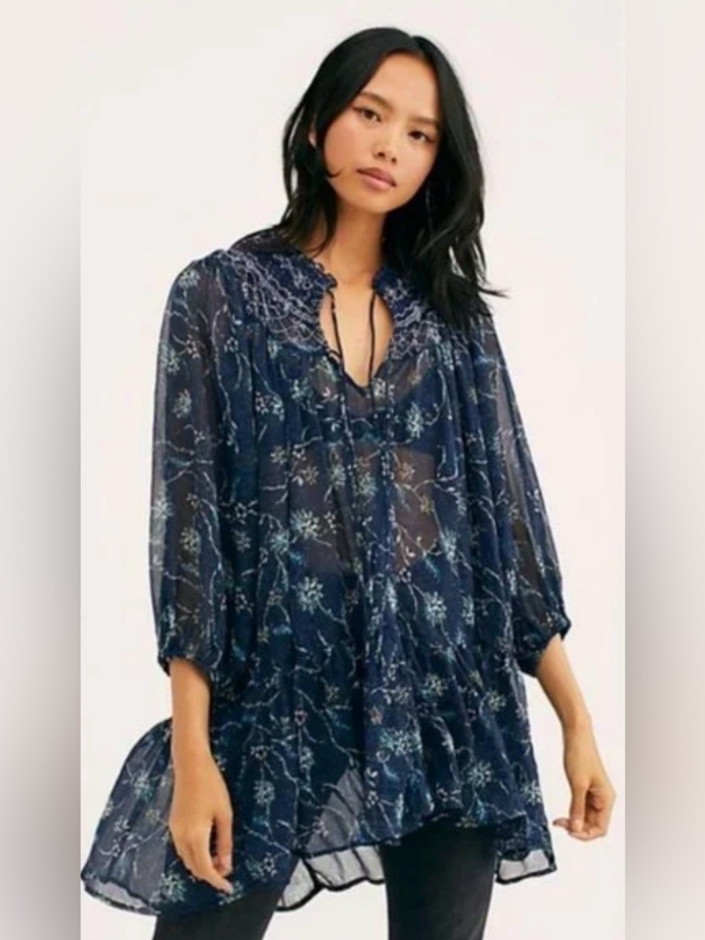 Free People Navy Sheer Floral Tunic